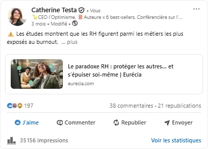 Post LinkedIn de Catherine Testa sur l'article Eurécia «&nbsp;Le paradoxe RH&nbsp;» : 35 156 impressions
