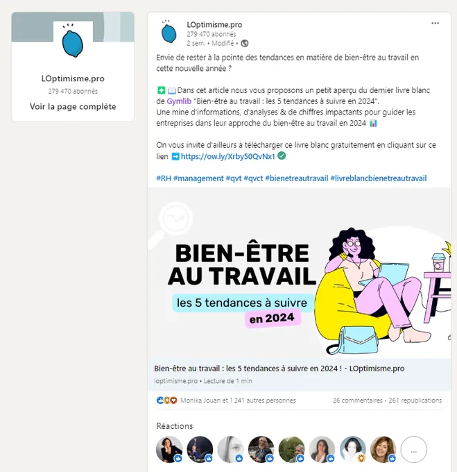 Post Gymlib sur la page LinkedIn de L'Optimisme.pro
