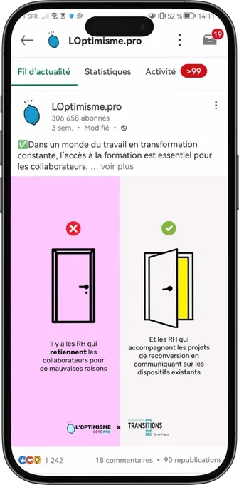 Post Transitions Pro sur la page LinkedIn de L'Optimisme.pro