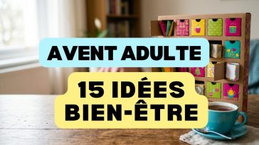 Calendrier de l'Avent adulte en carton avec petites portes ouvertes sur des sachets de tisane et une tasse turquoise