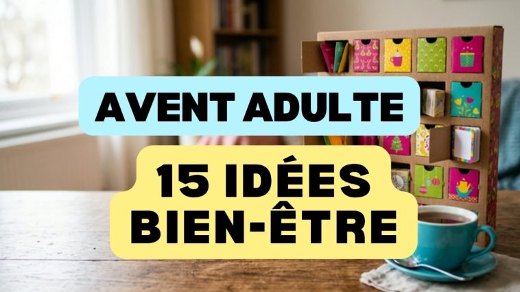 Calendrier de l'Avent adulte en carton avec petites portes ouvertes sur des sachets de tisane et une tasse turquoise