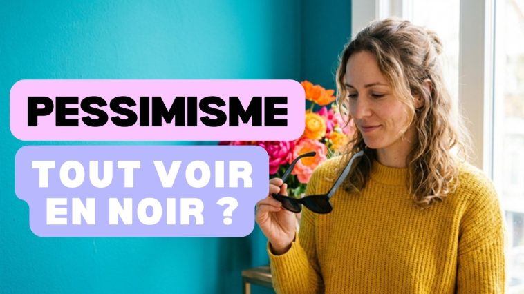 Pessimisme : pourquoi vous voyez tout en noir (et comment en sortir) 1 Femme en pull jaune tenant des lunettes de soleil noires devant un mur turquoise, pour illustrer le pessimisme et voir tout en noir